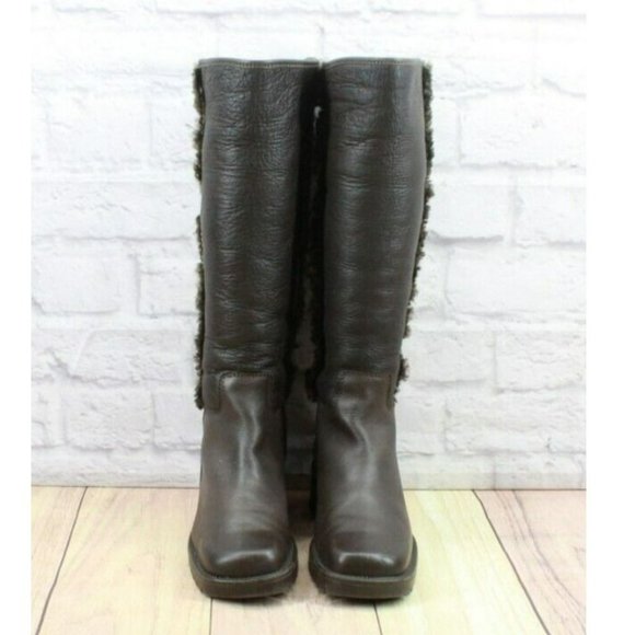 LL Bean Brown Leather Pull On Faux Fur Heeled Tall Boots Size 8 - Picture 4 of 11
